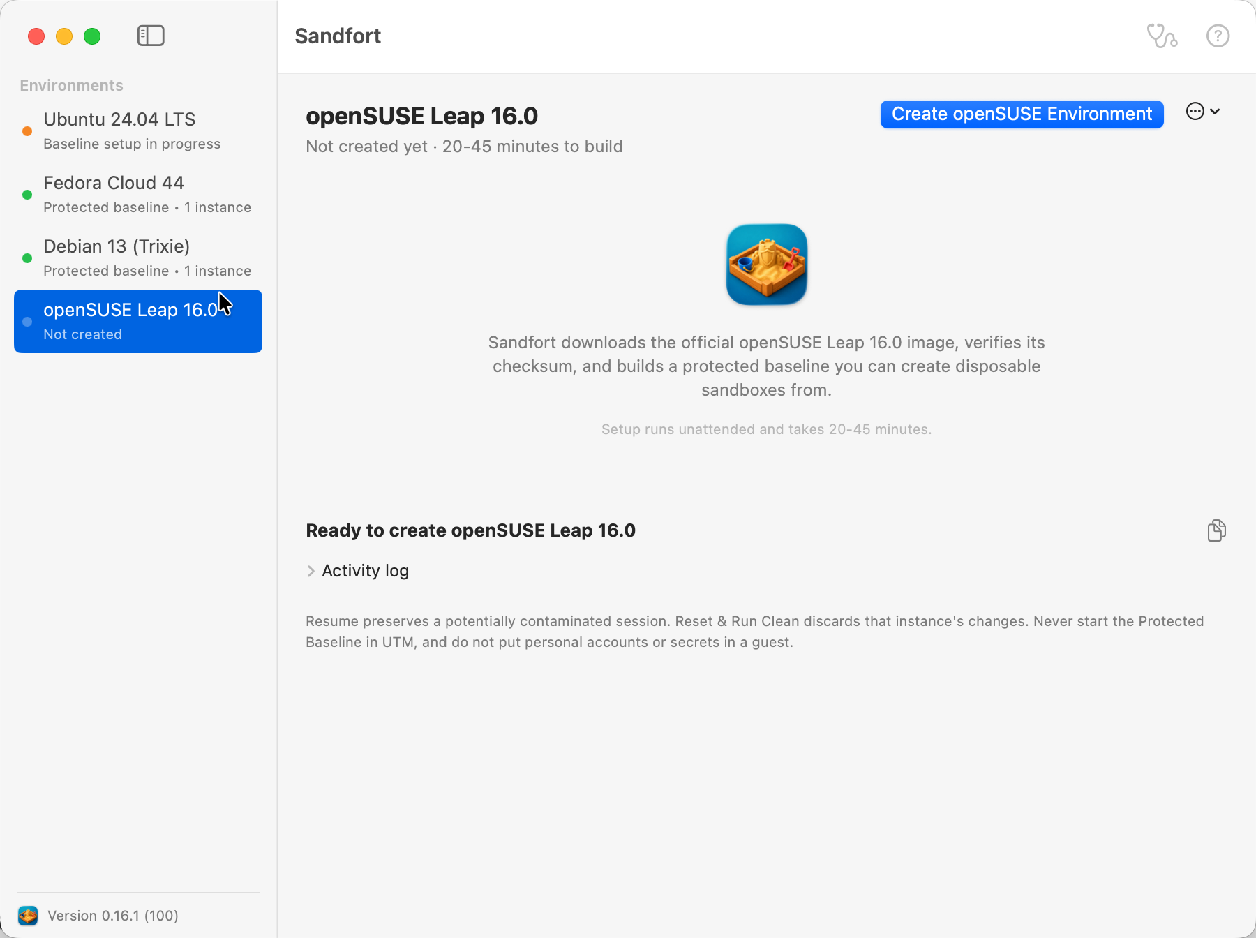 Sandfort's macOS interface with Linux environments and protected baselines