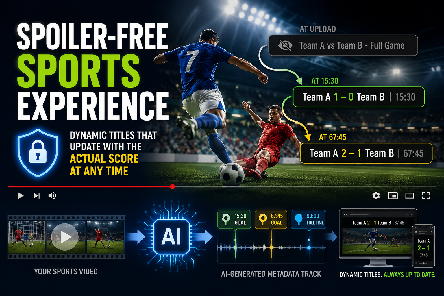 ScoreShield spoiler-free sports experience with scores that update during playback and an AI-generated metadata timeline